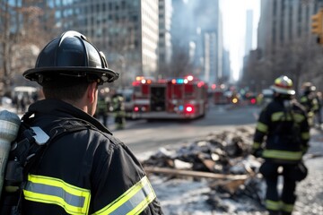 A firefighter stands ready at the scene of a challenging urban fire, emphasizing bravery and the urgency of emergency response amidst the chaos of a busy city.
