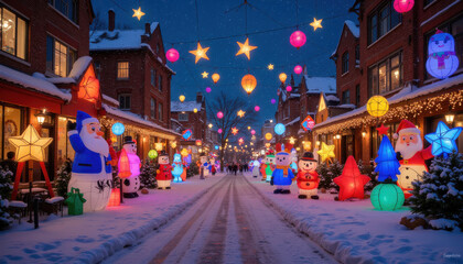 Fototapeta premium Colorful illuminated Christmas decorations with gifts and trees on snowy street at night