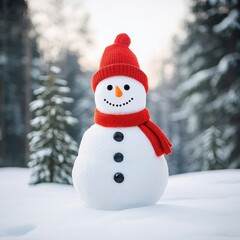 Obraz premium A cheerful snowman wearing a red hat and scarf stands in a snowy landscape surrounded by evergreen trees.