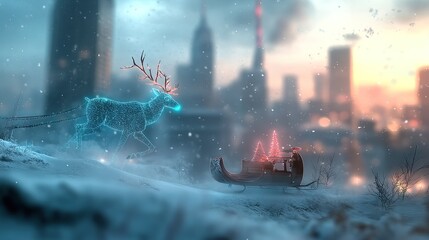 Fototapeta premium New Year is a celebration of joy festivity tradition fireworks cheers and resolutions for the future. Magical Winter Scene with Animated Reindeer and Sleigh