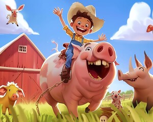 A water color painting of cowboy boy joyfully riding a pig around a lively farmyard.