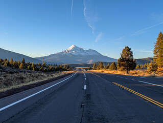 Road towards Mounts Shasta and Shastina in California, United States Highway 97 in Northern...