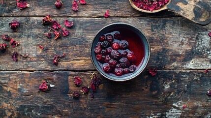 Close up of lingonberry tea. Selective focus