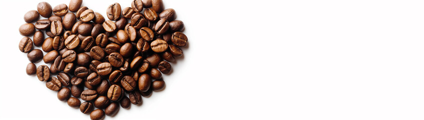 Heart made of coffee beans isolated on white background. Coffee beans arranged in a heart shape, top view, light background. Heart shape made of coffee beans, Valentine's Day concept, symbol of love