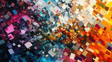 A dynamic abstract pixel collage with overlapping colorful blocks, creating a vibrant, energetic visual full of movement
