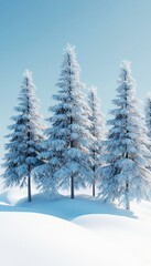 Fototapeta premium Five pine trees blanketed in snow on a snowdrift with a simple blue backdrop in 3d render