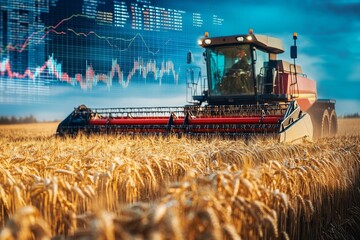 Combine harvester in wheat field with stock market graph for agriculture trading insights
