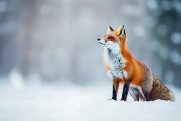 Fox standing alert in the snow, its red fur contrasting with the white surroundings copy space surreal, silhouette, snowy forest backdrop