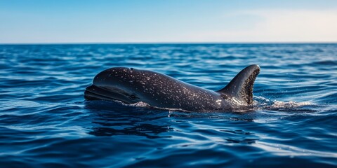 Obraz premium Rare sighting of a pilot whale during a whale watching tour in the Mediterranean. This unique experience offers an unforgettable opportunity to observe the majestic pilot whale in its natural habitat.