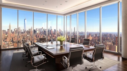 Fototapeta premium Stunning Panoramic View of the New York City Skyline from a High-Rise Office