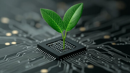 Close-up of a green plant sprouting from a computer chip, symbolizing sustainability and innovation in technology.