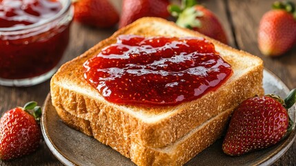Close-up of bread and strawberry jam. Selective focus