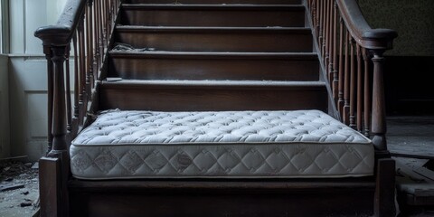 Abandoned mattress left on stairs creates an intriguing scene, highlighting the unusual sight of a forgotten mattress in a domestic environment, prompting curiosity about its story.