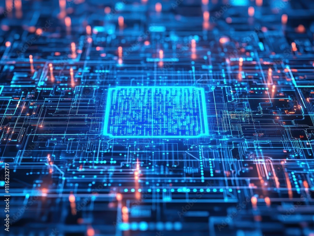 Poster Cybersecurity visualization of an AI firewall blocking a virtual attack, glowing blue lighting, abstract medium closeup, digital style