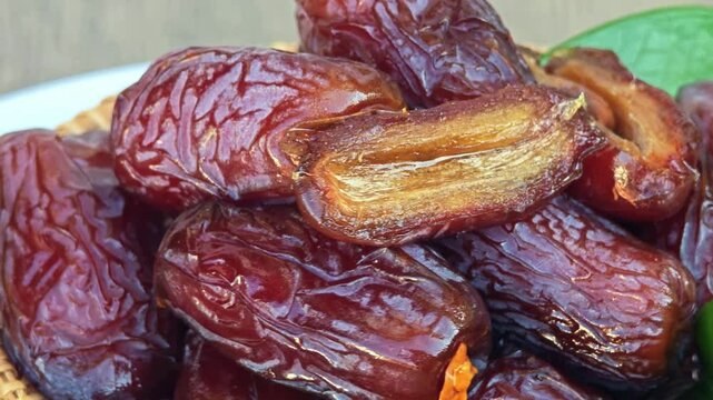 Date fruits rotation in wooden plate.