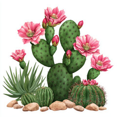 vibrant prickly pear cactus with pink blossoms surrounded by green succulents and rocks, creating lively desert scene