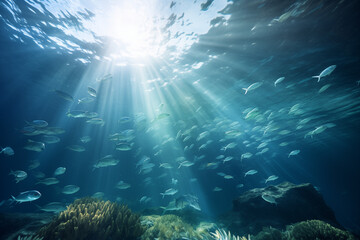 Fototapeta premium A underwater view of fish swimming gracefully overhead, illuminated by beams of sunlight penetrating the crystal-clear water