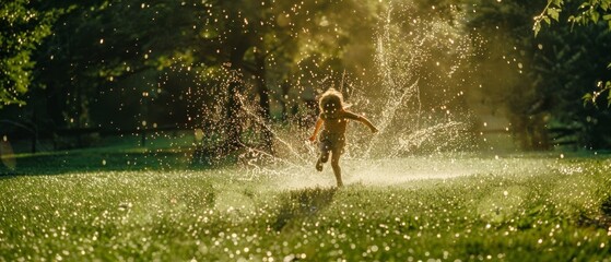 Fototapeta premium A child joyfully runs through a sunlit garden sprinkler, shimmering droplets capturing a moment of pure summer delight.
