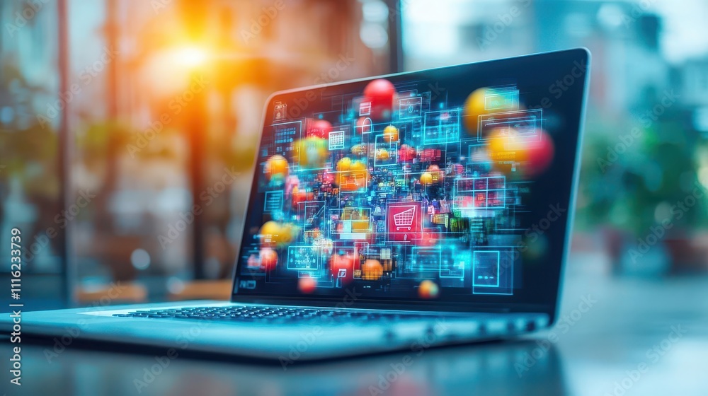 Poster artistic rendering of a laptop, its screen morphing into a bustling online marketplace