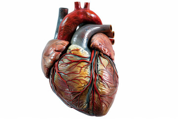 Heart is shown in a close up, with its veins and arteries visible.
