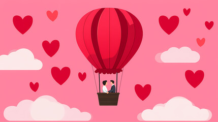 couple enjoys romantic hot air balloon ride surrounded by hearts and clouds