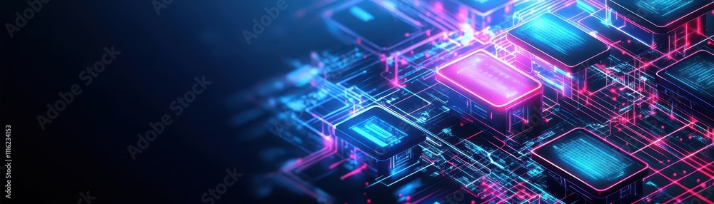 Poster an isometric view of a futuristic virtual classroom, holographic desks and digital screens forming a