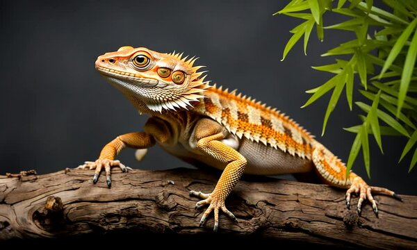 A close-up of a bearded dragon perched on a branch, looking off to the side.