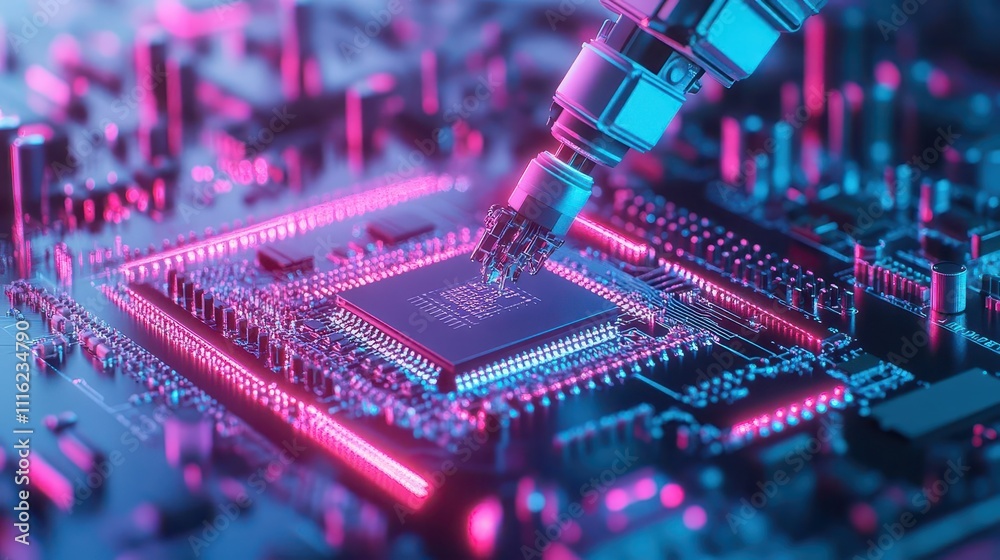 Aufkleber AIpowered robotic arm assembling a microchip in a hightech lab, soft neon lighting, macro shot, industrial style
