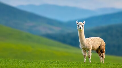 Alpaca with a quirky expression, standing in a green pasture close up vibrant, manipulation, mountain farm backdrop