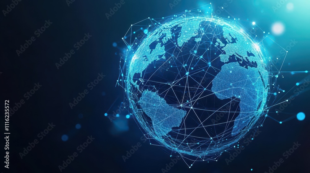 Poster abstract globe made of interconnected glowing lines, diverse business professionals interacting arou