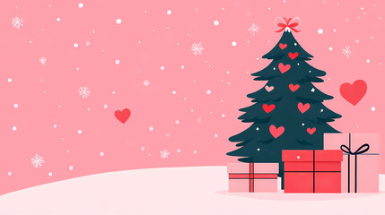 Obraz premium whimsical Valentine themed tree with gifts stacked underneath, surrounded by hearts and snowflakes, creates festive atmosphere