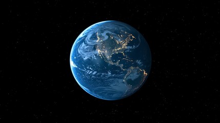 Obraz premium Earth at night, showing city lights and cloud formations against the dark backdrop of space.