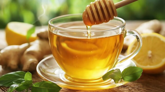 A person adding a teaspoon of honey to a cup of hot tea, with immune-boosting ingredients like ginger and lemon nearby 