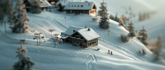 A cozy winter scene features a snow-covered cabin surrounded by frosted trees, nestled in a serene mountain landscape, evoking peace and solitude.