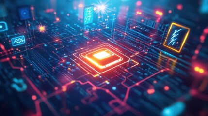 A vibrant digital representation of stored energy, a battery icon glowing with intense light surrounded by symbols of energy sources like lightning, sun, and wind