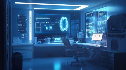 A serene image of a clean medical workspace with glowing digital health interfaces