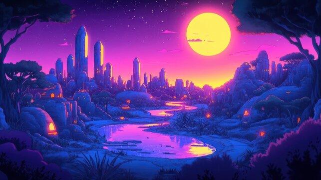 Create a rear view of a holographic map showing vibrant ecosystems and luminescent cities in a utopian world, crafted in cool neon tones with AI-generated precision - Powered by Adobe