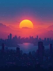 Fototapeta premium Vibrant Sunset Over a City Skyline with Cloudy Atmosphere and Reflective Water, Capturing the Serene Beauty of Urban Landscapes at Dusk