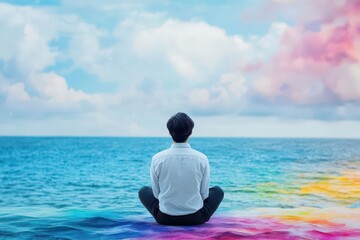 Fototapeta premium A serene executive pondering strategy with a view of the ocean, watercolor waves reflecting clarity and vision
