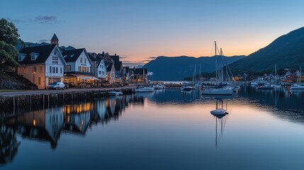 Serene sunset over waterfront town, boats at rest.
