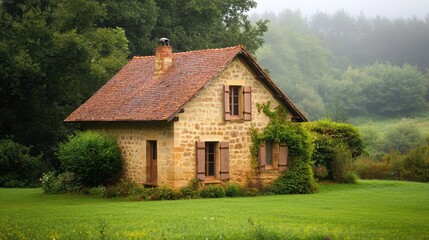 Obraz premium Enchanting Countryside Cottage in the Misty Meadows