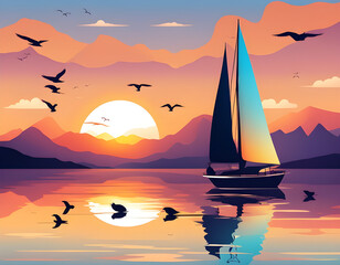 Naklejka premium Vector sunset sailboat lake background