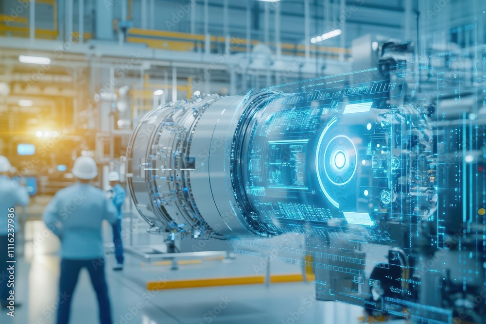 Aufkleber A massive fusion reactor in a hightech industrial facility, surrounded by engineers monitoring holographic displays of its energy output