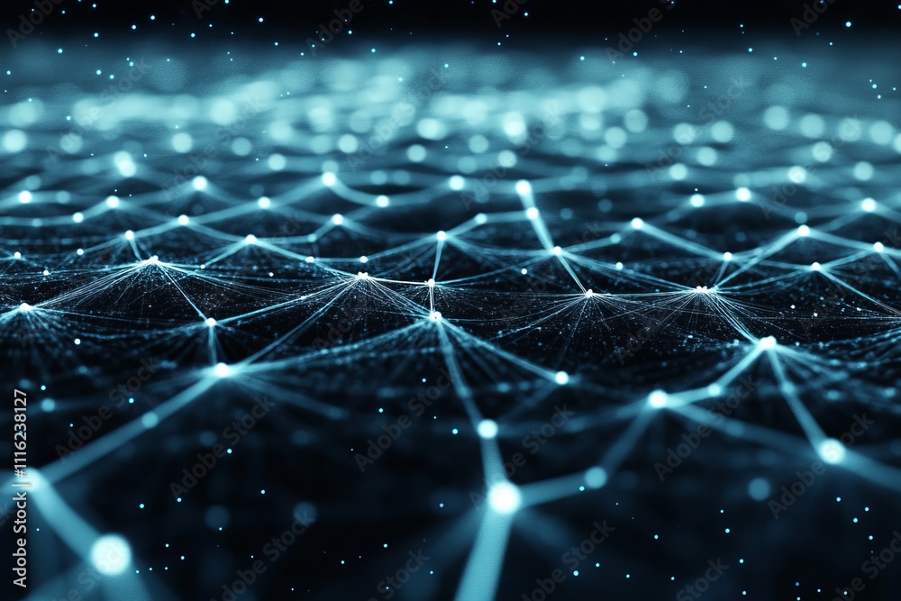 Aufkleber abstract digital network grid in blue with light particles representing data connections and technol