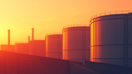 Obraz premium Industrial storage tanks silhouette at sunset, displaying modern energy infrastructure against vibrant orange sky.