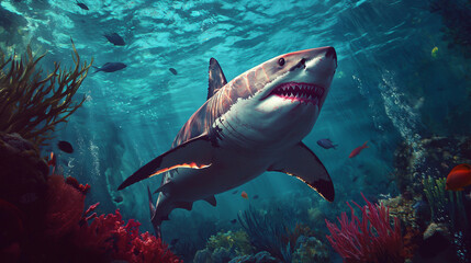 Fototapeta premium Majestic great white shark swimming in vibrant underwater coral reef filled with colorful fish and marine life.