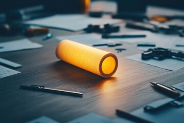 A glowing scroll unrolls on a wooden desk surrounded by intricate financial tools, closeup, dim ambient light
