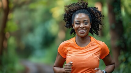 Happy Plus-Size Black Woman Jogging Outdoors in Park for Fitness and Wellness