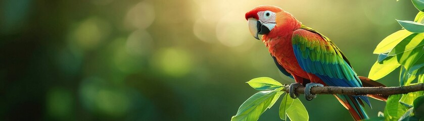 Fototapeta premium A colorful parrot perched on a tropical tree branch, vibrant jungle backdrop