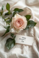 Close-up of a rose and a card with the inscription Mother's Day. Selective focus